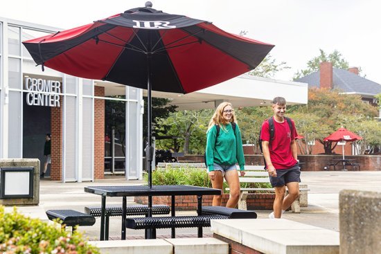 Students walking to class in front of Cromer Center on campus
